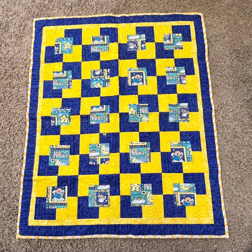 Baby Quilt Yellow Blue‎ Moon Stars Angels Chevron Handmade Toddler Bedding